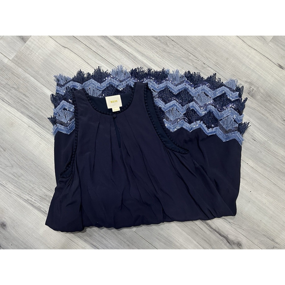 MAEVE Anthropologie‎ Sequins & Fringe Dress Sz 0 Navy Blue Boho Chic A Line Midi